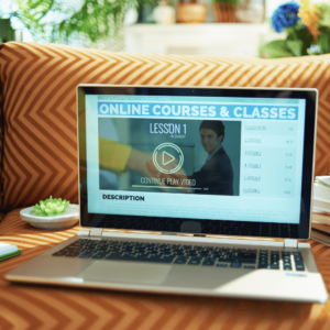 Andalusian Spanish courses online Andalusian Spanish courses online: laptop showing Lesson 1 video and course list