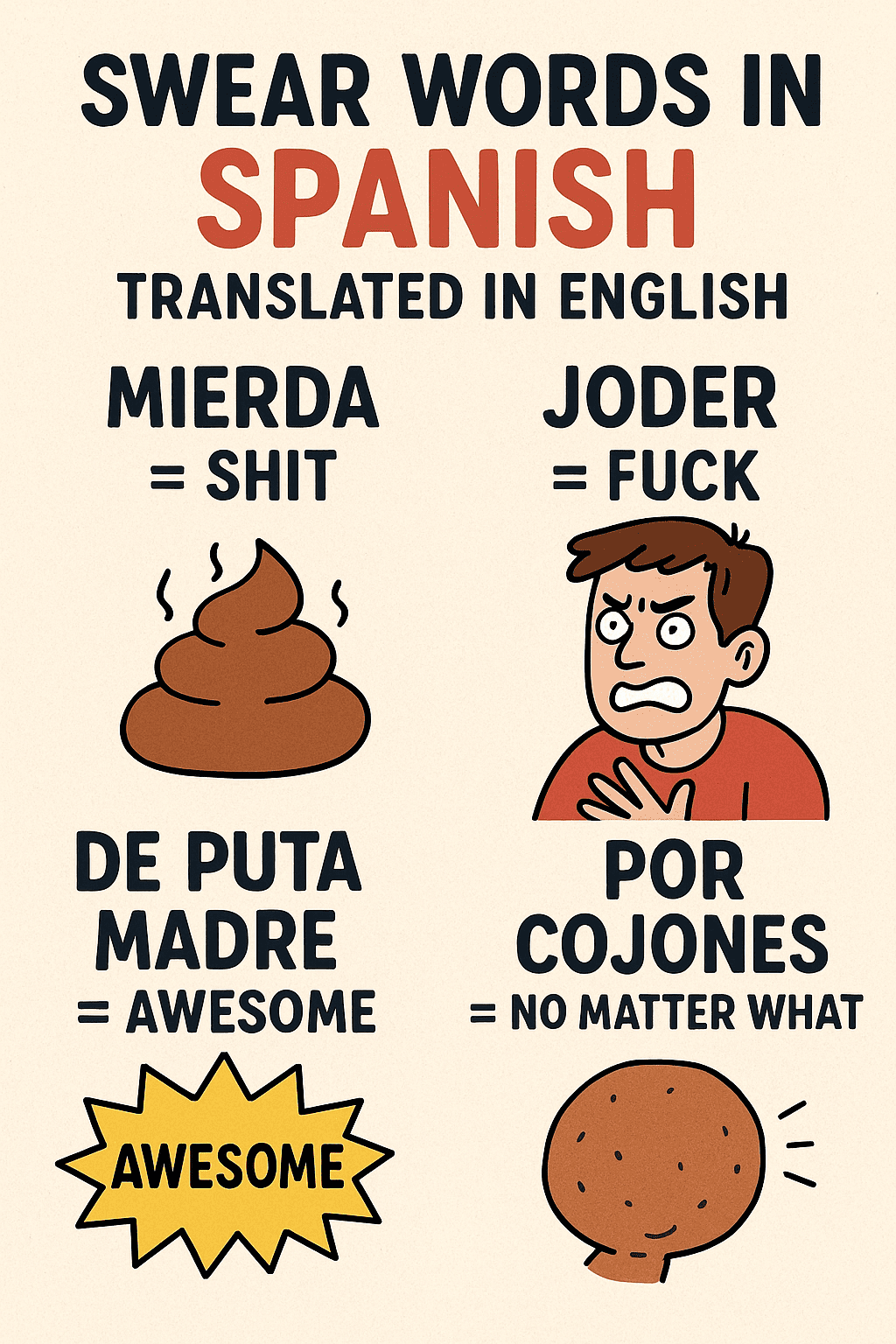 Imagen blog Swear Words in Spanish Translated in English: Mierda = Shit, Joder = Fuck, De Puta Madre = Awesome, Por Cojones = No Matter What, illustrated with simple drawings.