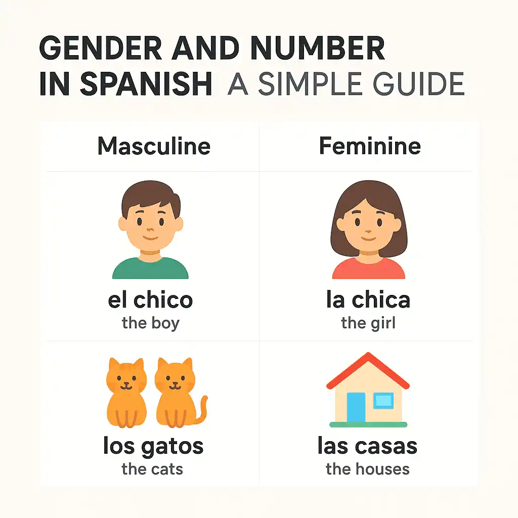 Spanish adjectives agreement Infographic showing Spanish adjectives agreement with examples of masculine, feminine, singular, and plural nouns in Spanish and English.